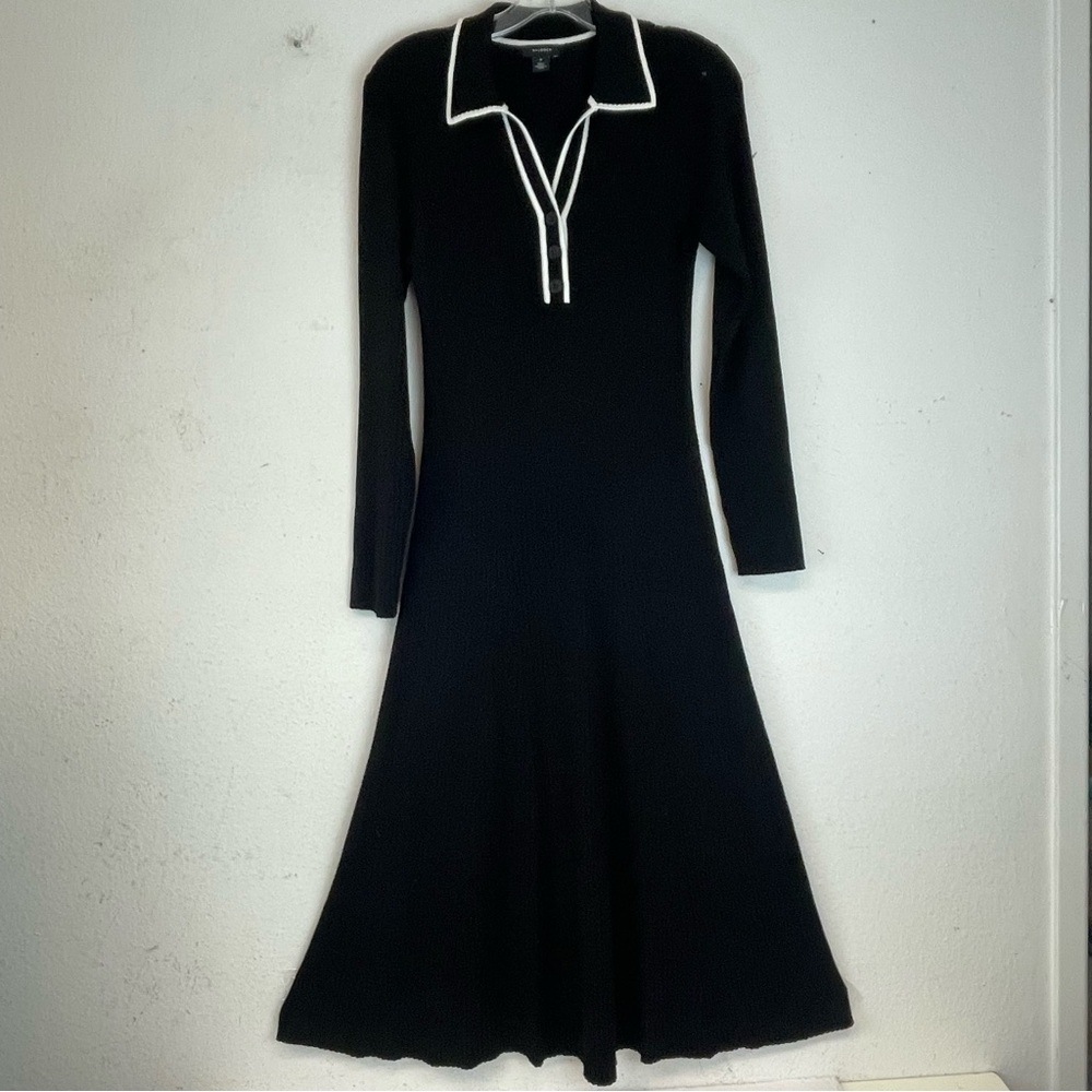 Halogen Black Contrast Trim Long Sleeve Dress with White Trim